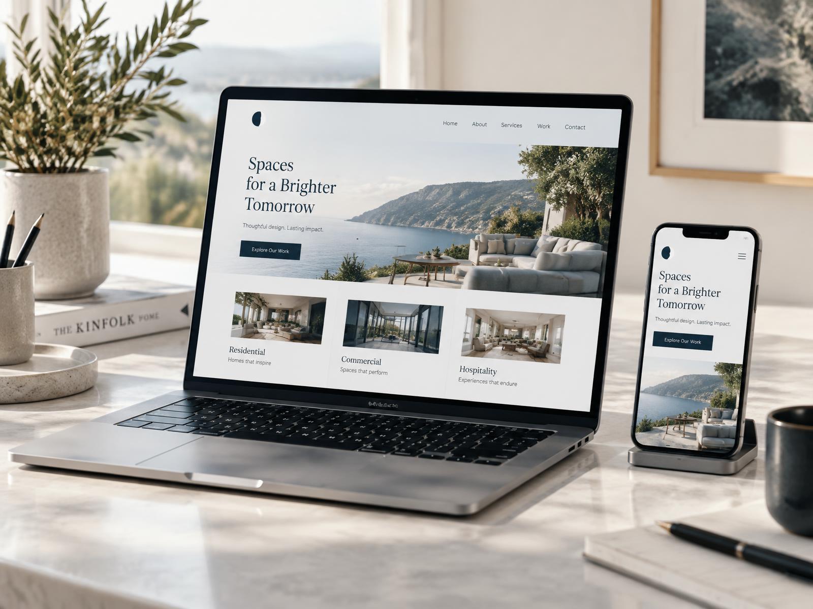 A professional business website displayed on a laptop and smartphone